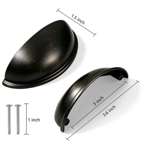 Solid Build 10 Piece Oil Rubbed Bronze Kitchen Drawer Pulls Plus Cabinet Cup Handles showing 1.5" and 3" dimensions with screws.