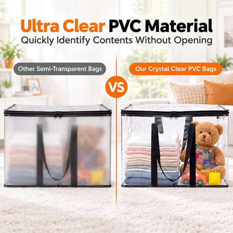 Heavy Duty Clear Storage Bins 2 Pack Extra Large Clothes Organizers With Lids, showcasing transparent bags with toys and folded clothes.