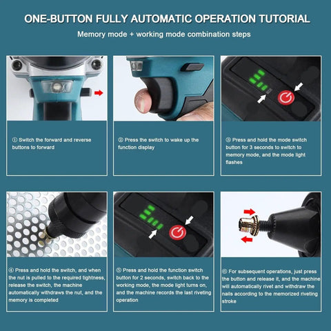 Brushless Cordless Rivet Nut Tool Electric Pull Riveter Gun With M3 To M12 Threads displaying operation tutorial steps.