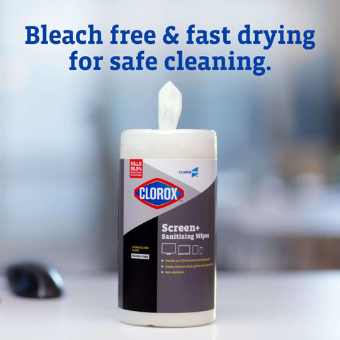 Clorox Screen+ Sanitizing Wipes canister on table with bleach-free cleaning text