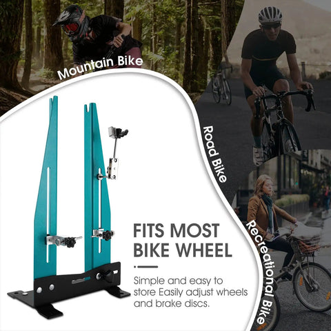 Pro Grade Bicycle Wheel Truing Stand With Spoke Wrench Removable Metal Structure in use for MTB and road bikes.