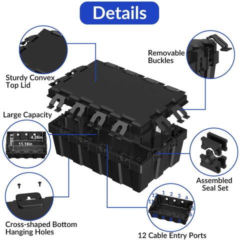 Waterproof Outdoor Electrical Box Heavy Duty Cover For Extension Cords And Holiday Lights With Tight Port Seals and Wall Mount Bracket. Large black enclosure with 12 cable entry ports.