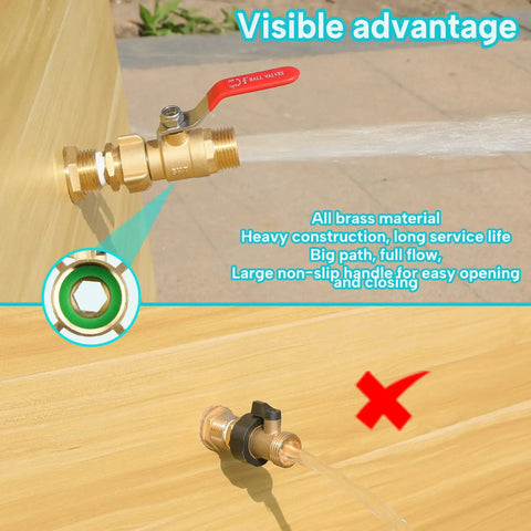 Brass Garden Hose Shut Off Valve Full Flow With Three Quarter Inch GHT Full Port Ball Valve installed, showing water flow.