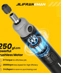 Mini Brushless Cordless Rotary Tool Kit with 65 Accessories, 5 Speeds Hitting 25000 RPM showcasing powerful brushless motor and design features.