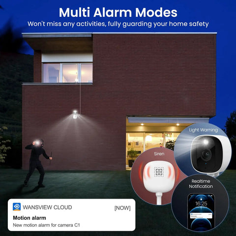 2K Indoor Outdoor Security Camera System For Pets And Family Color Night Vision side view on brick house with alarm modes