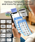 Person using Bluetooth Portable Label Printer For Small Biz Fast Thermal Label Maker For Barcodes Addresses Clothing Pricing Mail Jewelry Cables And More Works With Phone And PC, displaying template options on smartphone app.
