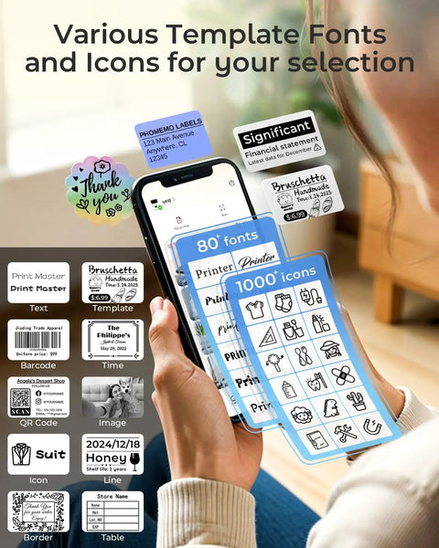 Person using Bluetooth Portable Label Printer For Small Biz Fast Thermal Label Maker For Barcodes Addresses Clothing Pricing Mail Jewelry Cables And More Works With Phone And PC, displaying template options on smartphone app.