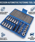 Grip Tight 34 Piece Socket Wrench Tool Set Featuring Knockout 3 In 1 Drive System 1 4 3 8 And 1 2 Inch Bit Handles For Grease Monkey Approved Auto Repair And Heavy Garage Workflows, open tool case with chrome sockets and bits.
