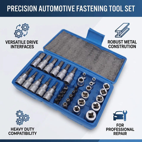 Grip Tight 34 Piece Socket Wrench Tool Set Featuring Knockout 3 In 1 Drive System 1 4 3 8 And 1 2 Inch Bit Handles For Grease Monkey Approved Auto Repair And Heavy Garage Workflows, open tool case with chrome sockets and bits.