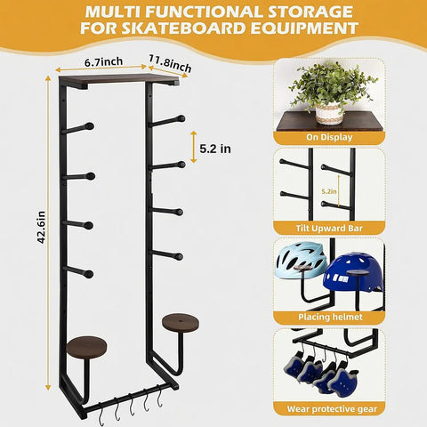 Wall Mounted Skateboard Rack Secures Four Boards And Helmets With Heavy Duty Angled Steel Arms For Clutch Organization And One Handed Retrieval Of Your Sick Longboards with dimensions and features.
