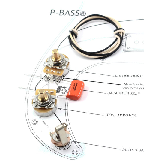 Slick Precision Bass Wiring Kit Featuring CTS 250K Pots And.047uF Orange Drop Capacitor Paired With Gavitt Cloth Hookup Wire on diagram.
