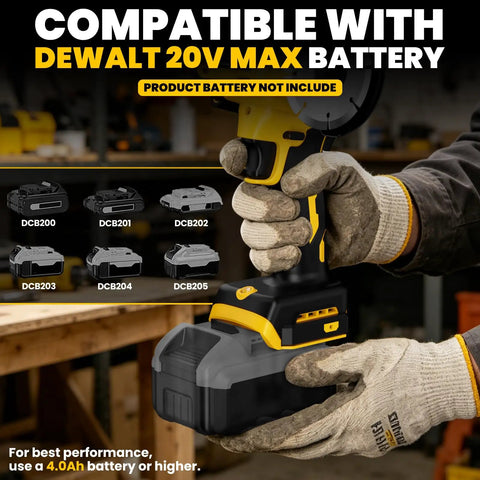 Badass Cordless Cut Off Tool With Brushless Motor And Variable Speed, 3 Inch Mini Cutting Saw Hitting 18000 RPM showing DEWALT 20V MAX battery compatibility.