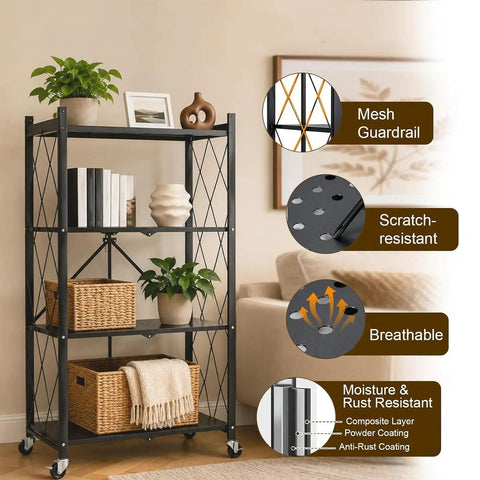 Heavy Duty Metal Storage Shelf with Four Tiers and Smooth Rolling Wheels for Kitchen Organization, shown in black with mesh guardrails.