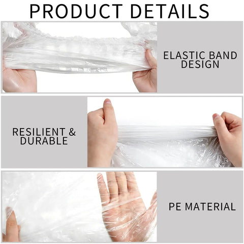 Product details for Four Pack Disposable Plastic Car Covers With Elastic Band Universal Indoor Garage Shield For Sedans And SUVs Clear Rain Dust Protection 12.5 By 21.6 Feet Each, showing elastic band, durability, and PE material.