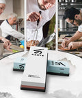 Pro Grade Knife Sharpening Stone Kit With Double Sided Whetstones 400 1000 And 3000 8000 For Real Sharp Results, chefs using kit