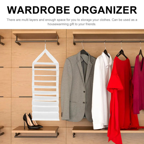 Nine Compartment Hanging Closet Organizer With Heavy Duty Hook And Washable PVC Fabric For Super Handy Clothes Storage, neatly displaying on closet rod.