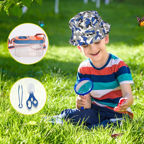 Child using magnifying glass from Kids Camping Set With Pop Up Tent And Outdoor Gear For Pretend Play Adventures.