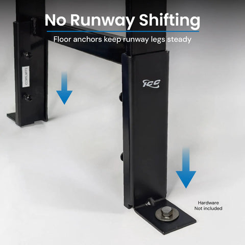 Top Shelf Cable Runway Floor Anchor Kit Black Powder Coated Steel Heavy Duty Telecommunications Stabilizer showing floor anchor installation.