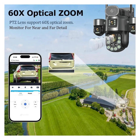 Heavy Duty 4G Solar PTZ Outdoor Security Camera delivering beastly panoramic coverage with 60X optical zoom display.