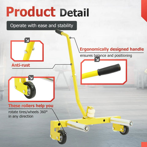 Straight Up Heavy Duty Rolling Tire Dolly Wheel Hauler Cart With Adjustable Three Step Lift For Solid Tire Lock And Easy Car Truck Swap Smooth Maneuvering Garage Must Have with ergonomic handle and anti-rust wheels.