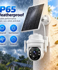 Wireless 2K HD Outdoor Security Camera With Massive 6000mAh Battery And Smart AI Motion Alerts And Rockin Night Vision And Crystal Clear Two Way Audio And Rugged IP65 Weather Armor For Home Defense White mounted on wall with solar panel, showcasing IP65 weatherproof features.