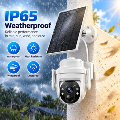 Wireless 2K HD Outdoor Security Camera With Massive 6000mAh Battery And Smart AI Motion Alerts And Rockin Night Vision And Crystal Clear Two Way Audio And Rugged IP65 Weather Armor For Home Defense White mounted on wall with solar panel, showcasing IP65 weatherproof features.