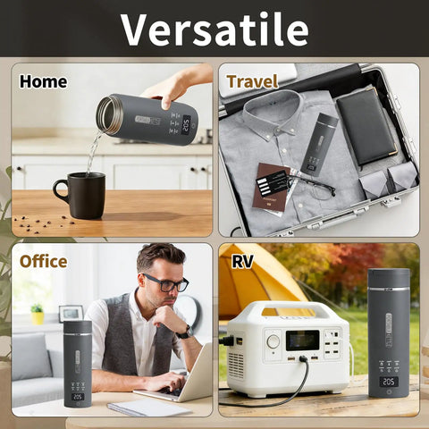 Image showcasing Travel Electric Kettle with 6 Temperature Presets, LCD Display in various settings: home, travel, office, RV.