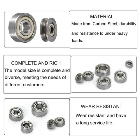 Kickass 10 Pack 624V Miniature Ball Bearing Kit Heavy Duty Carbon Steel V Groove Guide Pulley Rail Bushings Ultra Smooth 3mm By 14mm By 4mm, showing various sizes and carbon steel material.