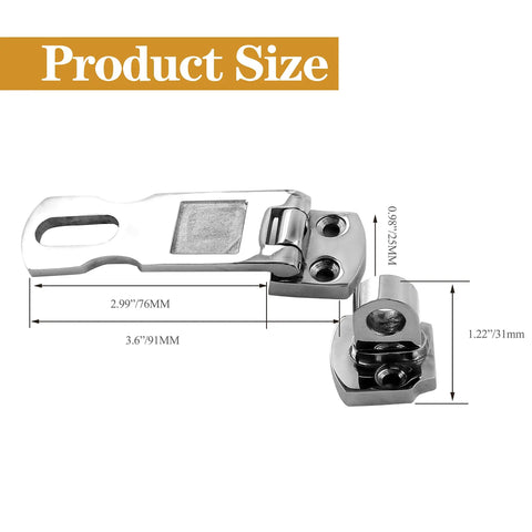 3 Inch 316 Stainless Steel Marine Grade Door Hasp Features Swivel Action With Turn Padlock Eye, dimensions shown.