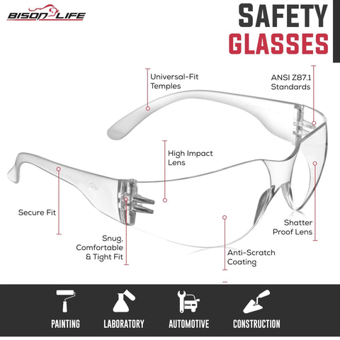 Bulk Six Pack Clear Lens Safety Glasses Ansi Z87 1 Certified Impact Resistant Frames with universal fit and high impact lens.