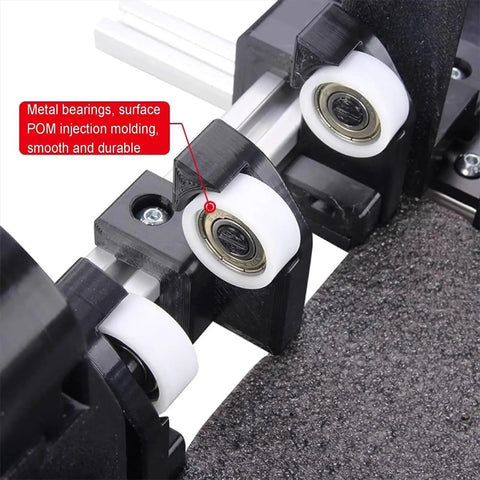 Close-up of the Slick Adjustable Shipping Box Folding Jig For Fast Ecommerce Packing and No Fuss Carton Assembly's metal bearings and POM wheels.