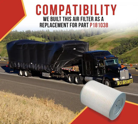 Dust Collector Filter Replacement For Wynn Environmental Grizzly Harbor Freight Jet Vortex HF Dust Collectors And Heavy Duty Trucks 30 Micron Cellulose Black Silver Finish Built To Last next to a heavy-duty truck on highway.