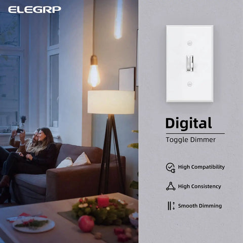 Digital Toggle Dimmer Switch for Dimmable LED, CFL, and Incandescent Lights, smooth dimming feature in a cozy living room.