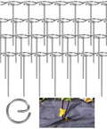 Heavy Duty 7 Gauge Thickened Garden Fabric Stakes 6 Inch Galvanized Landscape Staples with circle top shown in use on weed barrier