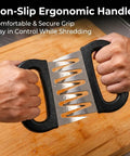 Person holding stainless steel meat claws with black handles on a cutting board, Stainless Steel Meat Claws For Shredding Pulled Pork And More.
