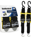 Pro Series Kwik Lok Transom Boat Tie Down Straps 2 Pack 2 Inch By 4 Foot Adjustable with Boat Pads, showing packaging and straps.