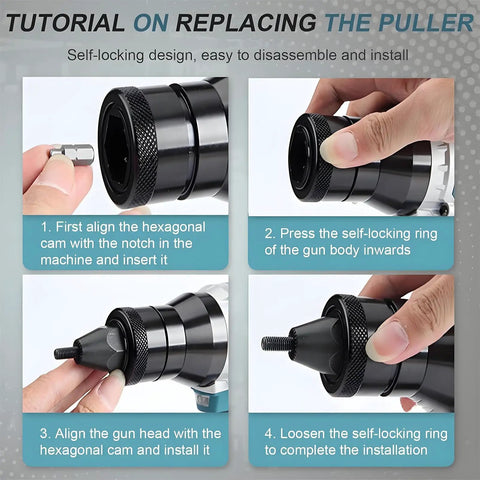 Heavy Duty Cordless Rivet Nut Tool With Pro Grade Rechargeable Battery And Complete Head Kit For M3 M4 M5 M6 M8 M10 M12 Blind Inserts tutorial on puller replacement steps.