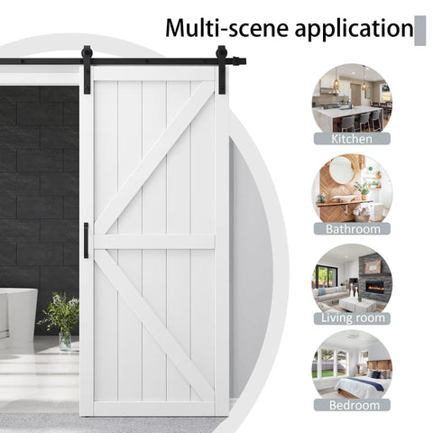 Rock Solid 72X84 K Shape Barn Door Crafted From Premium Kiln Dried MDF With Full Hardware Kit in stylish interior setting.
