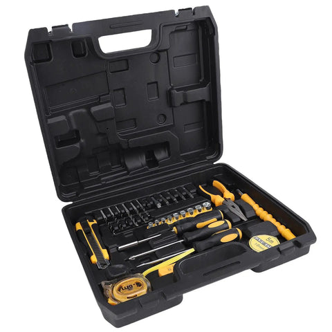 Heavy Duty Brushless Cordless Drill Beast Mode 45Nm Torque With 2000Mah Battery Tough On Wood Metal And Furniture Repair With 1500rpm Brushless Performance 25 Torque Clutch Settings Us Plug tool kit with yellow and black tools in a plastic case.