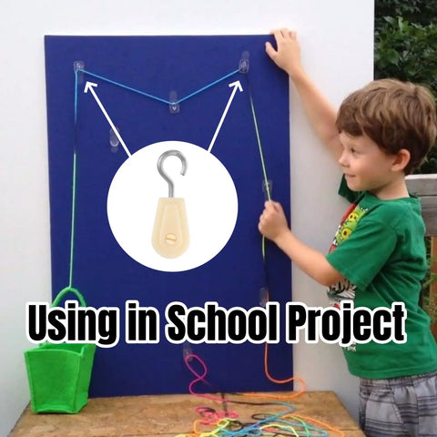 Child using 15 Piece Nylon Pulley Sets Featuring Slick Steel Swivel Hooks For A Dead Smooth 360 Degree Spin in school project.