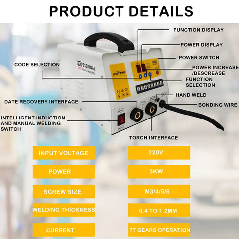 Pro Grade Spot Weld Dent Puller And Stud Welder Dent Repair Kit with labeled controls and specifications chart