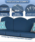 Close-up of blue cushions on Three Seat Outdoor Porch Swing With Stand 800 Lb Capacity 2 In 1 Convertible Swing Bed with canopy