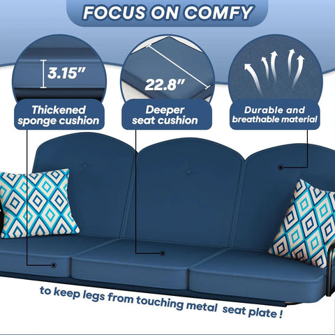 Close-up of blue cushions on Three Seat Outdoor Porch Swing With Stand 800 Lb Capacity 2 In 1 Convertible Swing Bed with canopy