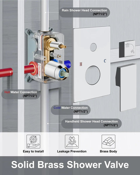 Solid brass shower valve with connections for ceiling mount shower system, 12in rain showerhead and handheld spray, rust-resistant SUS304.
