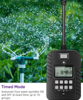 Rock Solid Outdoor Programmable Timer Featuring Weather Sealed Dual Grounded Outlets And Automatic Photocell Switches For Porch Lighting Run Two Gadgets At Once Zero Headaches Rain Or Shine Handles The Heavy Workload Daily with sprinkler, water droplets visible.