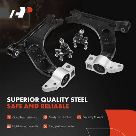 Eight Piece Front Suspension Upgrade Kit With Rock Solid Lower Control Arms And Ball Joints For Audi A3 And Volkswagen Jetta Models includes steel control arms and ball joints.