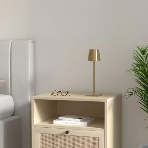 Bedroom setting with 13 Inch Aluminum Cordless Table Lamp With 5200mAh Battery, USB C Rechargeable, 3 Way Dimmable Touch Light, Gold Finish.