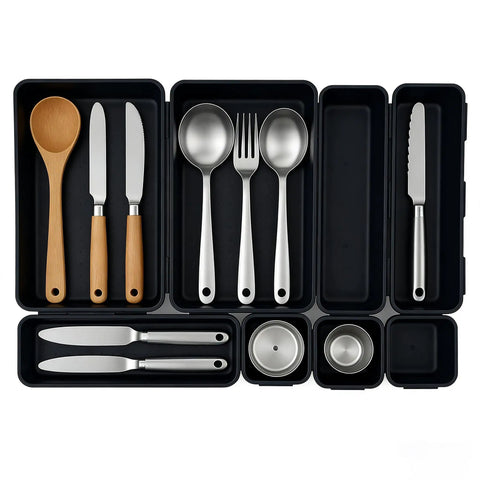 Eight Piece Interlocking Drawer Organizer Trays That Lock In Place used for kitchen utensils in black modular trays
