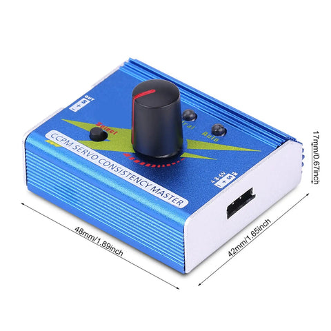Compact blue Dope Servo Tester And Controller For RC Gear, dimensions shown, with auto and manual modes, supports 1 to 3 servos or ESCs.