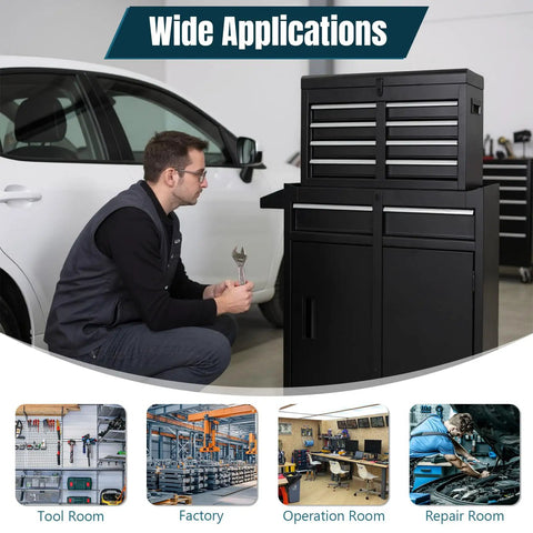 Heavy Duty Five Drawer Rolling Tool Chest With Spacious Storage Cabinet On Four Smooth Rollin Casters For Garage Hustle and Total Gear Organizing Done Clean shown in a workshop with a user holding a wrench.